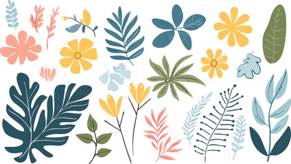 Vibrant collection of stylized tropical leaves and flowers in a modern flat design style