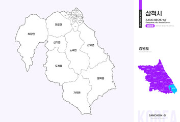 Obraz premium 강원도 삼척시 행정동 윤곽선 지도