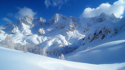 Fototapeta premium Snowy Mountain Peaks Under Bright Winter Sky