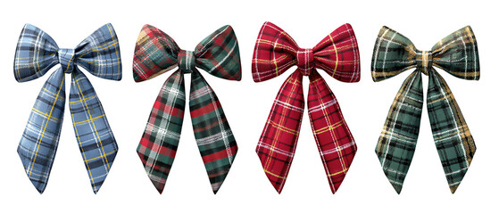 Set of four plaid fabric ribbon bows in colorful tartan patterns with symmetric loops, isolated on transparent background.
