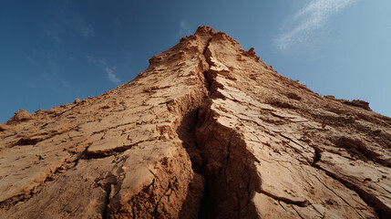 A dramatic, low-angle shot looking up at a towering, cracked rock formation against a clear blue sky. The rugged texture of the stone suggests strength and time.
