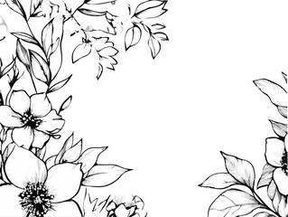 Delicate hand drawn botanical illustration of blooming flowers and leaves with copy space