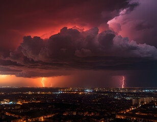Obraz premium Red storm clouds far from a distance above the night city., storm clouds over city