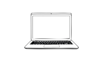 Minimalistic black and white sketch of a laptop with open screen. Vector retro hand drawn illustration