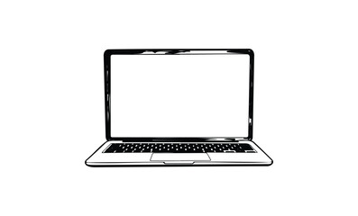 Minimalist black and white laptop design with open blank screen. Vector retro hand drawn illustration