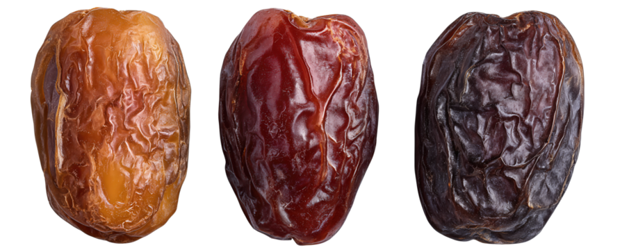 Variety set of dried dates in different shades, wrinkled surfaces visible, isolated on transparent background.

