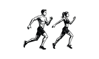 Sketch of fit male and female adults running: athletic lifestyle illustration. Vector retro hand drawn illustration
