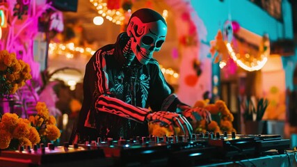 Skeleton DJ mixes lively tracks at a nighttime festival filled with colorful lights and floral decorations