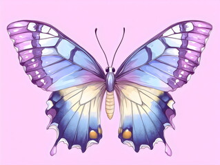 Obraz premium Colorful butterfly with intricate patterns perched gracefully against a soft pink background, celebrating nature's vibrant artistry and beauty