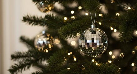Vista de primer plano de hermosas ramas de abeto con chuchería dorada brillante o bola, adornos y luces de Navidad, fondos de Navidad.
