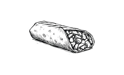 Black and white sketch of a burrito filled with rice and beans. Vector retro hand drawn illustration