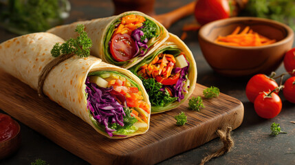 Vegan wrap with colorful veggies spilling out