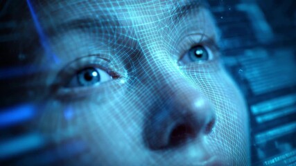 A close up of a woman face with digital grids and graphics representing advanced facial recognition technology - Powered by Adobe