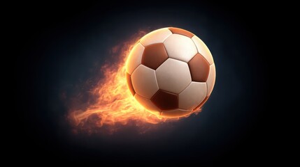 Naklejka premium Dynamic Soccer Ball with Fire Trail on Dark Background, Representing Speed, Energy, and Passion for the Game in Sports Photography