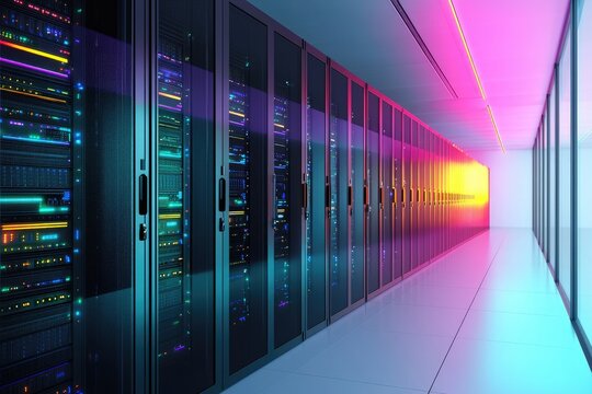 Futuristic data center with glowing server racks illuminated by vibrant neon lights, representing cloud computing, IT infrastructure, advanced storage, and high performance networking