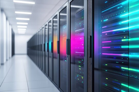 Modern server racks in a sleek data center corridor glowing with colorful LED lights, symbolizing cloud computing, IT infrastructure, secure storage, and high performance networking