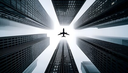 Airplane flying over skyscrapers, view from below.This powerful image is perfect for corporate advertising, the travel industry, financial service flyers, and print designs for magazines or book cover