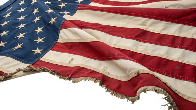 Closeup ruffled American flag cut out on PNG, isolated on white. AI GENERATED.
