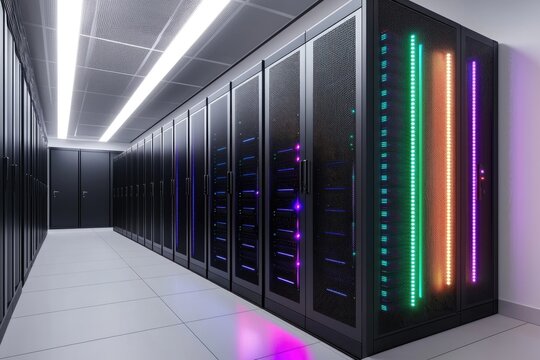 Advanced data center corridor with black server racks illuminated by vibrant LED lights, symbolizing cloud technology, IT infrastructure, secure storage, and high performance networking