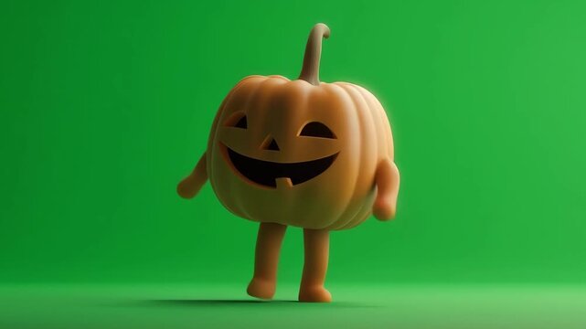 A cheerful pumpkin character dances playfully on a vibrant green background, capturing the spirit of Halloween festivities