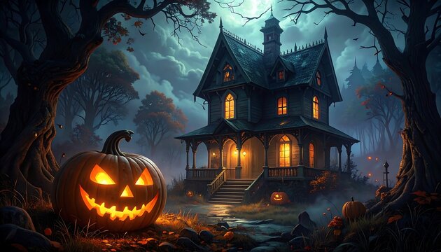Haunted house at night, lit jack-o'-lantern - Powered by Adobe