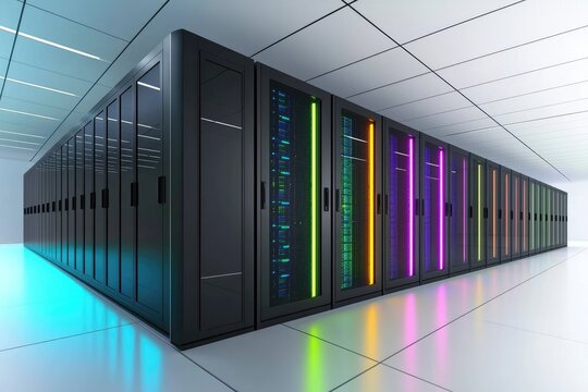 High tech data center with long rows of server racks glowing with vibrant LED lights, symbolizing cloud computing, IT infrastructure, secure storage, and advanced digital networking