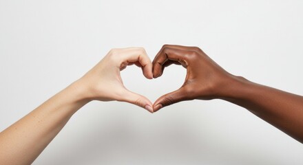 Two hands, one light and one dark, forming a heart shape against a white background.