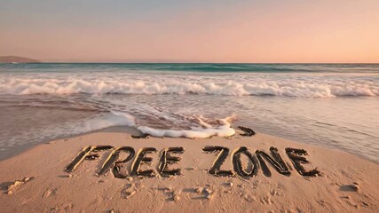 Stress free zone text written on sandy beach with ocean waves
