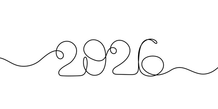 2026 Continuous one line drawing of New Year. Vector illustration