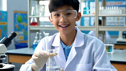 Young Asian boy student conducting science experiment with beaker and microscope in chemistry laboratory wearing safety goggles and white lab coat - Powered by Adobe
