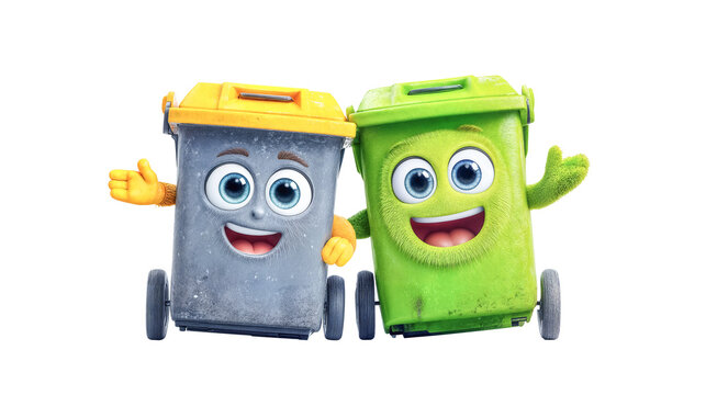 Cartoon trash bins with cheerful faces,isolated on white or transparent background