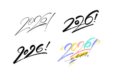 2026 vector hand drawn various designs for Happy New Year poster. Minimalistic horizontal compositions set with 2026 numbers. Brochure design template, card, banner.