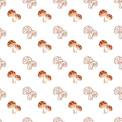 red mushroom illustration in a flat vector illustration seamless pattern