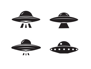 Flying UFO Icon Collection in Clean Black Silhouette Vector