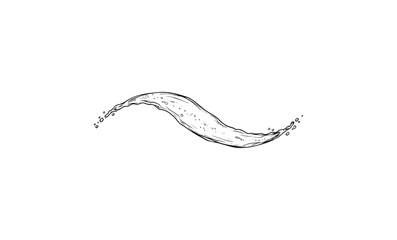 Curved water splash illustration with droplets and fluid motion. Vector retro hand drawn illustration