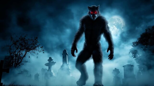 A mythical werewolf creature stands in a foggy graveyard surrounded by tombstones, illuminated by the moonlight