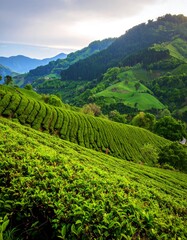 Lush green tea fields cascading down a mountainside