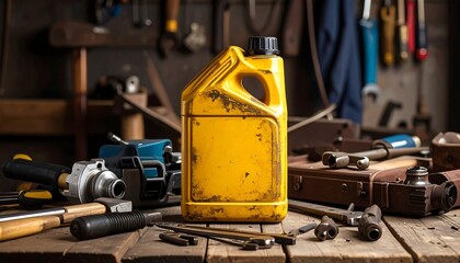 A yellow oil container sits on a workbench in a cluttered workshop.  Tools and equipment surround it