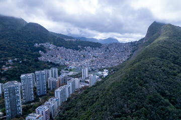 Aerial view of Sao Conrado Beach, Rio de Janeiro, Brazil. With the Rocinha favela in the background.