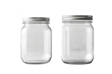 Two glass mason jars with silver lids, canning jars, kitchen storage containers, food preservation, isolated on transparent background