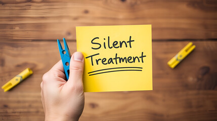 Conceptual hand writing showing Engage Ignore. Concept meaning Silent Treatment Manipulative Punishment Sulking Shunning Paper blue clothespin rectangle shape reminder yellow office