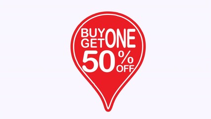 Red pointer style tag saying buy one get one 50% off style tag for sale promotions. Suitable for retail websites, marketing campaigns, and advertising materials for special offers.
