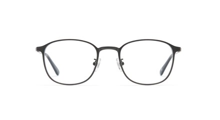 Fototapeta premium Close-up of modern, round eyeglasses with a thin, dark metal frame, centered on a white background.