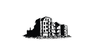 Naklejka premium Sketch of abandoned building in ruins with structural damage and debris. Vector retro hand drawn illustration