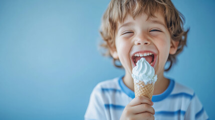 Obesity, Joyful child enjoying an ice cream cone with a big smile against a blue background.