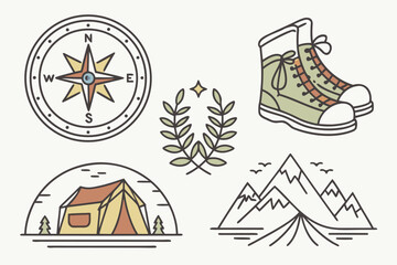 Outdoor Adventure and Camping Gear Line Art Illustration Featuring Compass Hiking Boots Tent Mountains and Laurel Wreath for Nature Enthusiasts