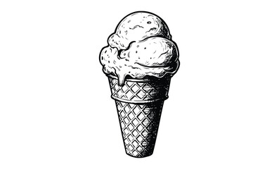 Detailed black and white drawing of ice cream cone. Vector retro hand drawn illustration