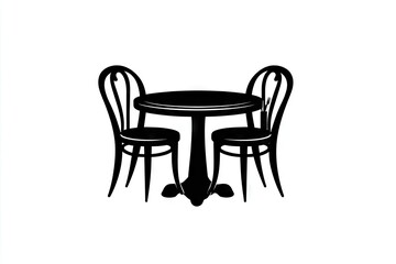 Simple black and white illustration of a table and two chairs, perfect for interior design or cafe illustrations.