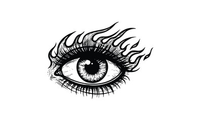 Obraz premium Flaming eye tattoo design: intricate black and white ink art illustration. Vector retro hand drawn illustration