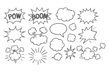 Comic boom cartoon effect line element set. Comic speech bubble pow, boom text, explosive splash smoke, wow cartoon vector icon. Hand drawn sketch doodle explosive element. Vector illustration. EPS